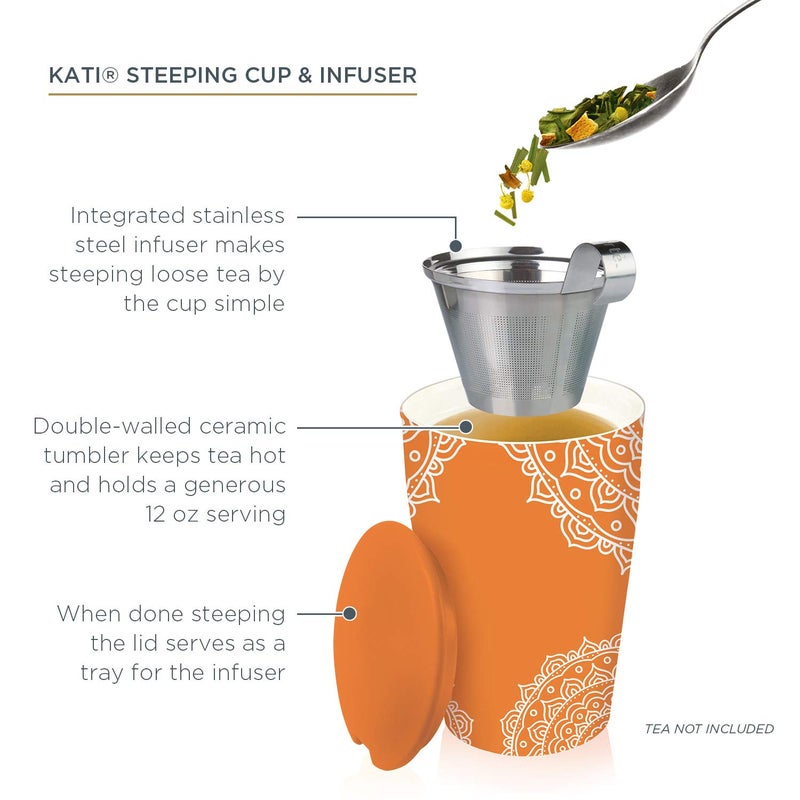 Tea Forte كوب كاتي السيراميكي مزدوج الجدار من تي فورت، سلة مصفاة ستانلس ستيل قابلة للإزالة وغطاء، ينقع 12 أونصة من الشاي السائب، آمن في غسالة الصحون والميكروويف، تشاكرا - Image 3